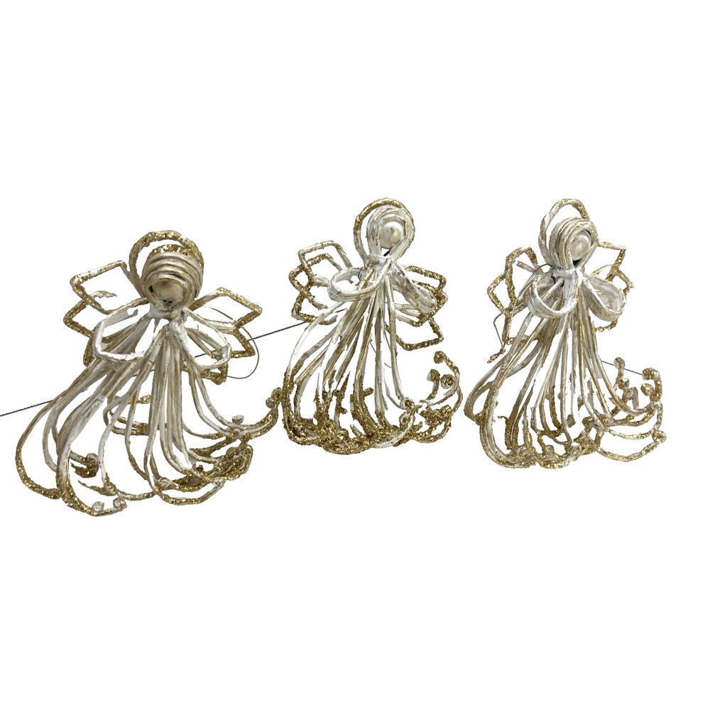 Unique Set of 3 Vtg Wire Angel Ornaments 5.75" Handmade Glitter Wings Gold